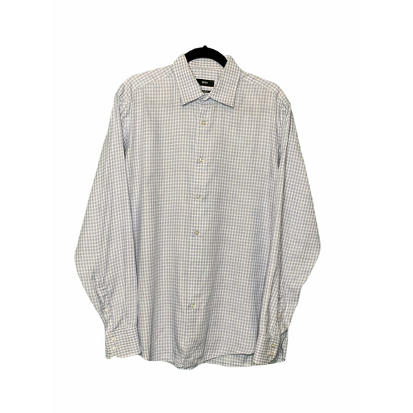 Hugo Boss Light Blue Gingham Button Down Long Sleeve Shirt Size 41 (L) - Picture 1 of 8